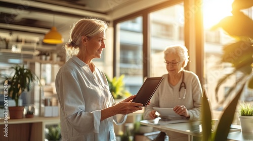 Senior Caregiver Using Tablet During Healthcare Consultation. Generative AI