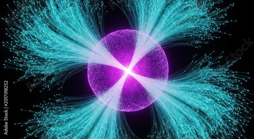 Abstract glowing fiber optic sphere with digital data strands