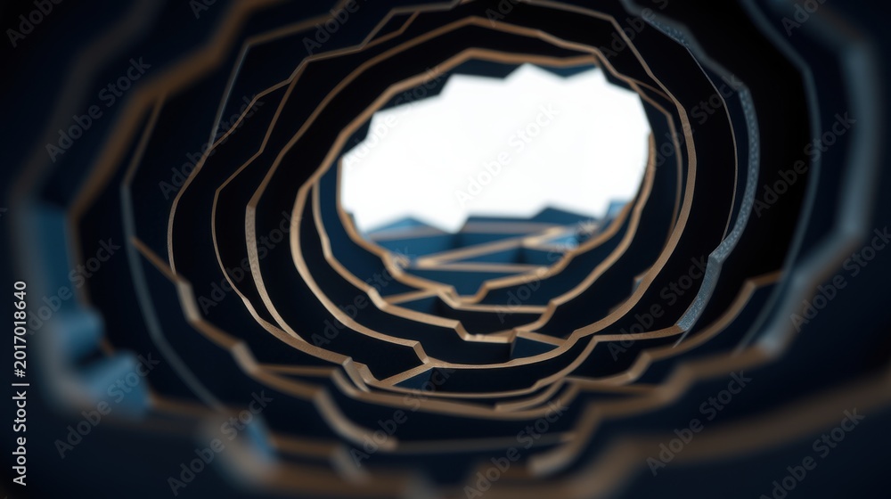 Fototapeta premium Dark tunnel view. Geometric shapes create depth, leading toward bright light. Abstract design, focus on perspective.