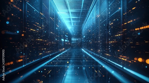 Futuristic Data Center Corridor With Blue Digital Lights. Generative AI