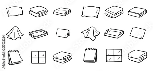 Household linen and fabric vector icons with pillow, blanket and towel for mobile app design in hand drawn illustration