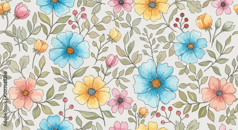 Fototapeta premium Color rich floral pattern showcasing variety of blossoms and delicate brush textures