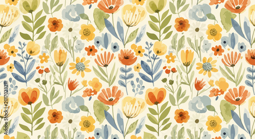 Tableau sur toile Charming botanical painting with lively flowers and gently curved green stems