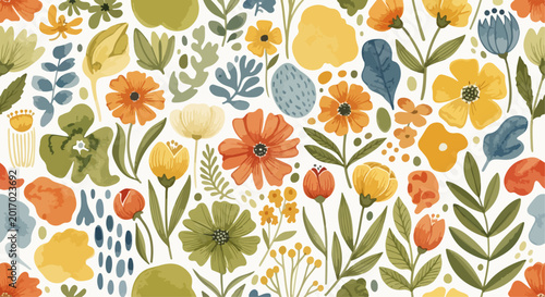 Canvas-taulu Hand painted botanical pattern with charming flowers and elegant leafy stems