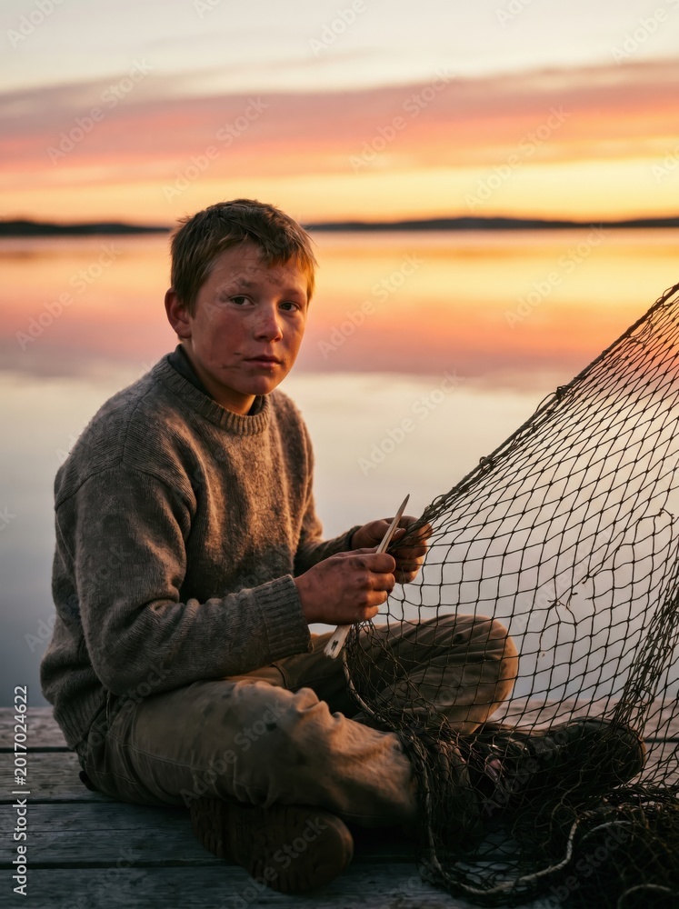 Fototapeta premium Young boy sitting by the lake at sunset, holding a fishing net, looking at camera.