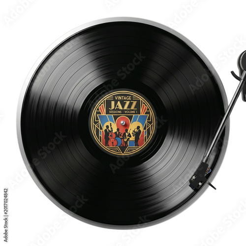 Vintage jazz vinyl record on turntable on transparent background 