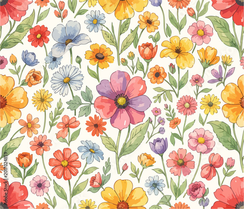 Bright botanical illustration with lively flowers and fresh green foliage accents
