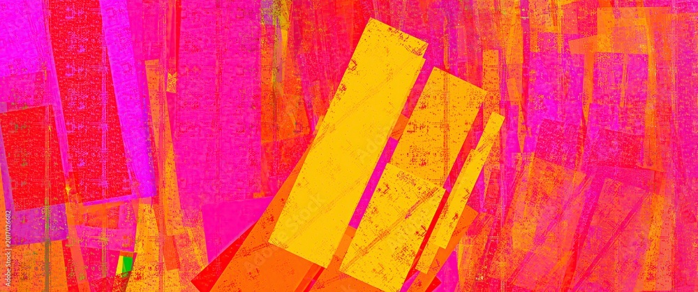 Fototapeta premium Abstract vibrant neon texture background with bold pink, orange and yellow geometric brush strokes, modern artistic backdrop for creative graphic design projects
