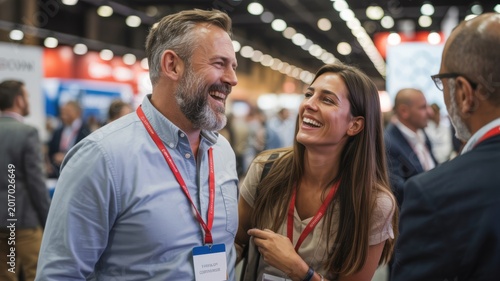Professional man and woman wearing conference badges are laughing together during a networking event while standing in a busy hall at a modern trade show