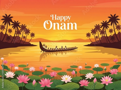 Happy Onam greeting card with a traditional snake boat race on a serene river at sunset with palm trees.