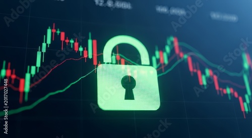 Digital padlock symbol overlaid on a fluctuating stock market graph, representing financial security and data protection