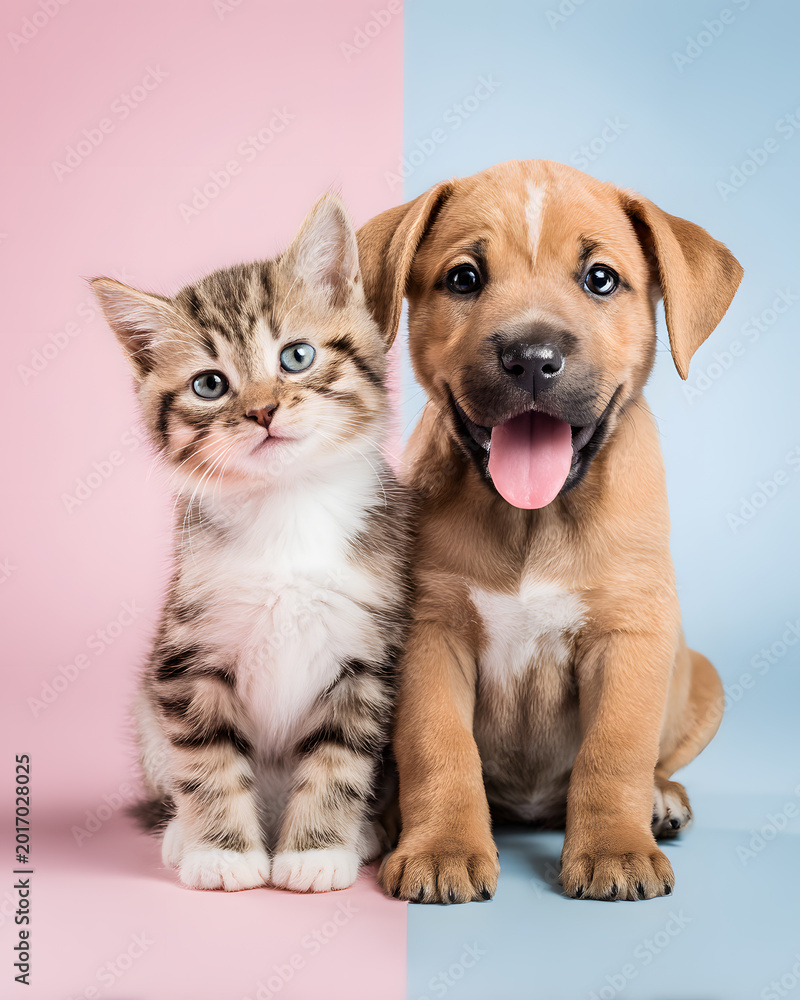 Fototapeta premium Smiling Puppy and Curious Kitten Together on Pastel Split Background
