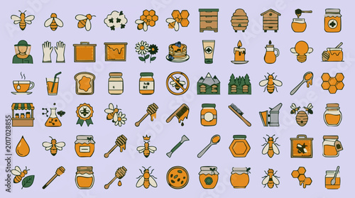 Foto Honey and Beekeeping Icon Set: Bees, Hives, Products, and Tools
