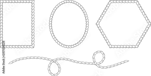 Rope borders and decorative frames with nautical cord. Set of Marine cable patterns for sailor design. Braided string with bow details. Vector rope seamless pattern with nautical or western cord