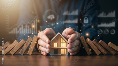 Hands protecting a miniature house from falling dominoes, symbolizing home security and risk management in a digital business environment.