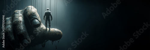 A Man Controlled Like a Marionette by a Giant Hand, Dramatic Cinematic Lighting, Concept of Loss of Free Will and External Control, Dark Surreal Scene with Copy Space. Generative Ai.