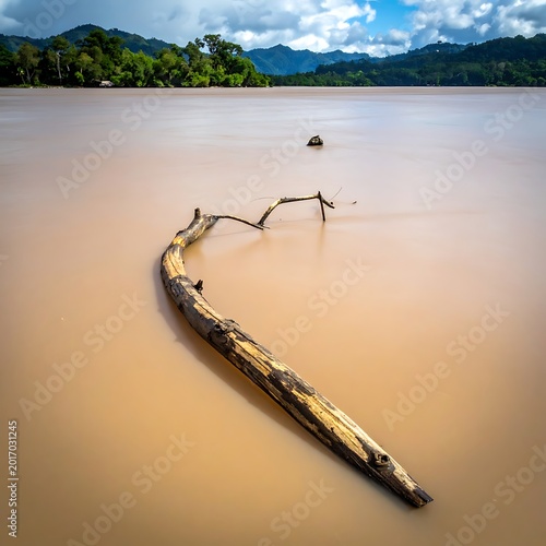 A serene landscape with a fallen tree branch in a body of water