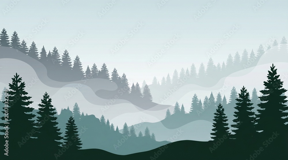 Fototapeta premium A serene, stylized illustration of a luxurious misty forest. Layered evergreen silhouettes recede into soft fog, creating a calm, minimalist landscape in cool teal and grey tones.