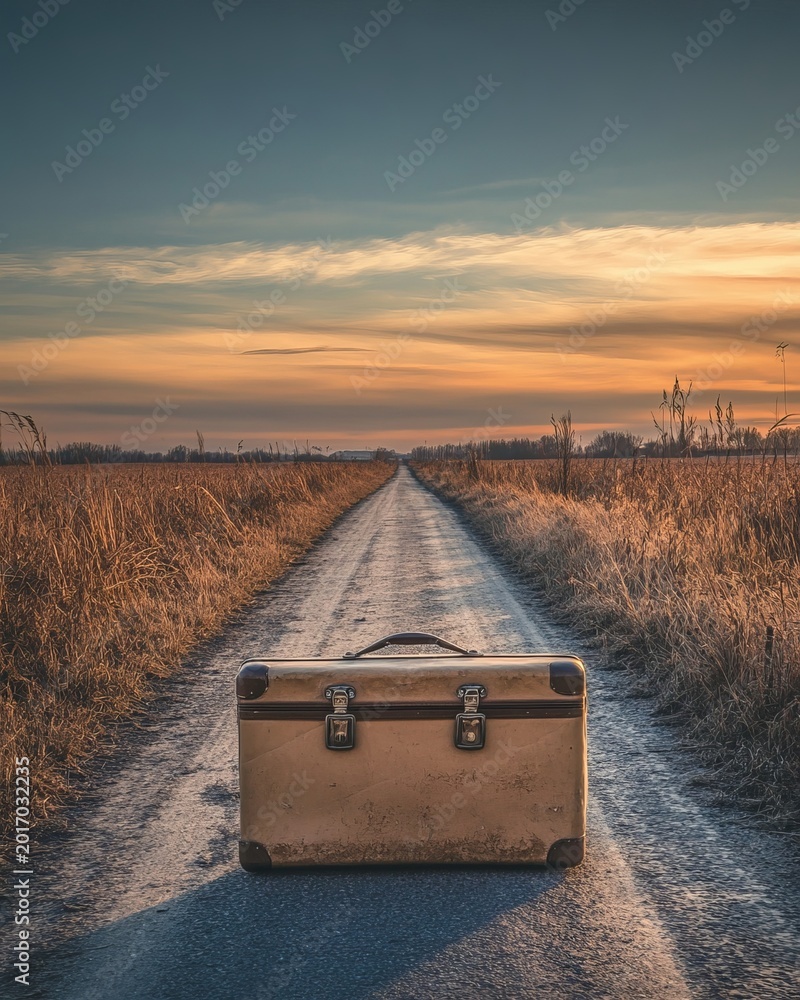 Obraz premium A Vintage Suitcase Sitting Alone on a Quiet Path in the Countryside, Inviting Memories and Journeys