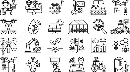 Photos Smart Agriculture Icon Set Featuring Drones, Sensors, Tractors, Hydroponics, Gre