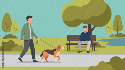 Fotografía Man walking dog and man sitting on bench in a park, flat illustration
