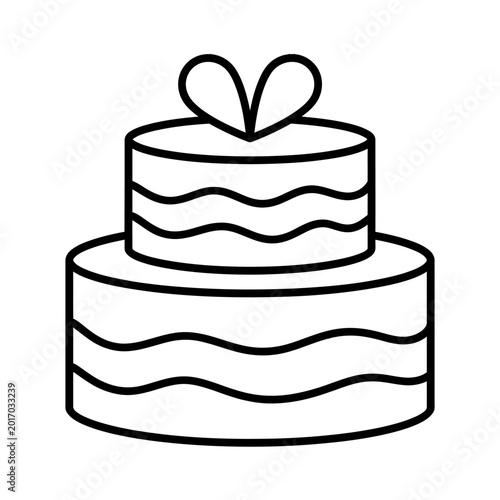 Two tiered wedding cake icon with heart topper celebration dessert outline line art user interface black and white