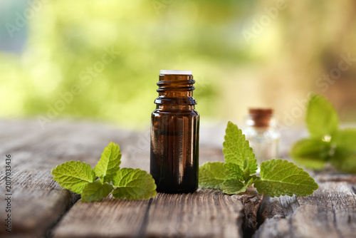 Foto A bottle of aromatherapy essential oil with fresh melissa leaves