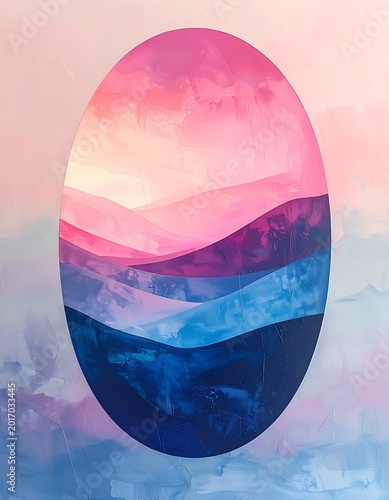 A serene landscape within an oval frame