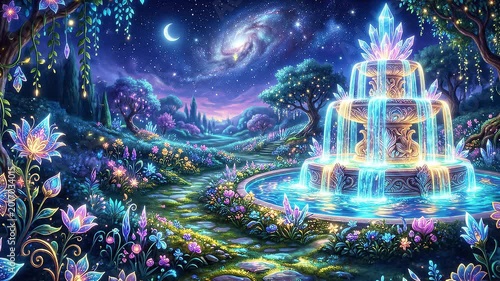 Enchanting fantasy landscape with glowing flowers and a crystal fountain under a starry galaxy sky.
