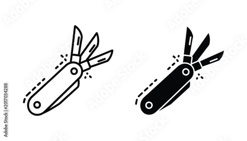 Bild auf Leinwand Multipurpose pocket knife line art and solid black silhouette icon set for adven