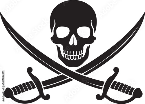 Classic pirate flag symbol, a black silhouette of a skull with crossed sabers, representing danger, adventure, and maritime history also transparent background