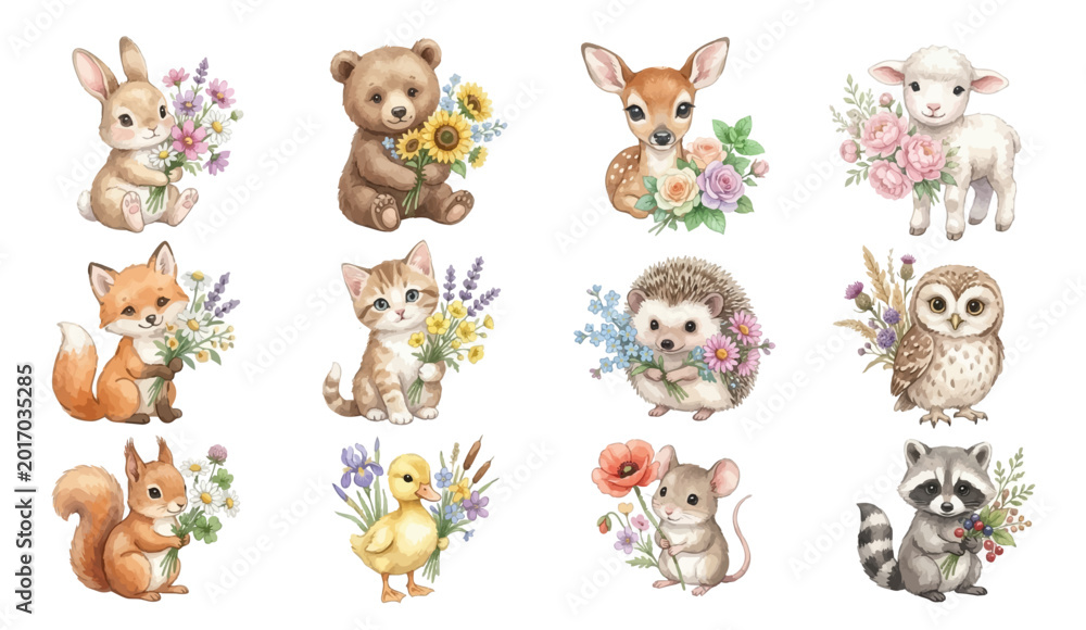 Obraz premium Cute woodland animals with flowers in pastel baby style. Collection of Vector illustrations for invitation, card, poster, banner, decoration