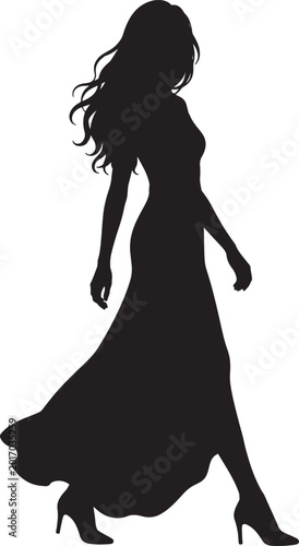 Schilderij op canvas Silhouette of a woman in a flowing evening gown, walking gracefully with her lon