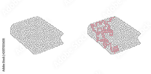 Book shaped maze with solution. Simple black and white vector labyrinth puzzle, educational logic game for children and adults.