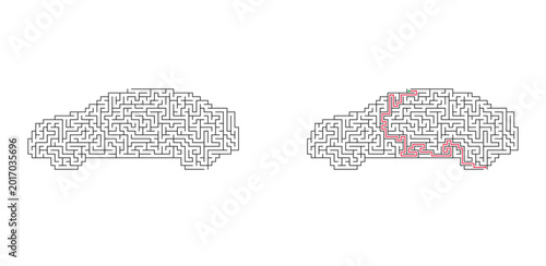 Car shaped maze with solution. Simple black and white vector labyrinth puzzle, fun logic game for children and adults.