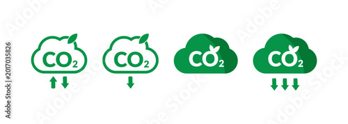 Set of Green CO2 Reduction Cloud Icons with Downward Arrows