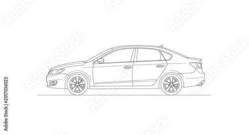 Valokuva Modern Sedan Car Outline Drawing Isolated on White Background.