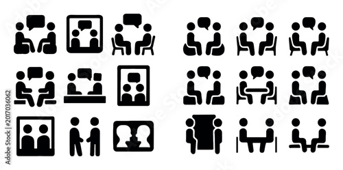 Conversation and communication design icons with people, speech bubbles, meeting, and handshake for web design in solid style