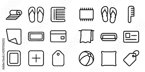 Household and leisure concept icons with flip flops, comb and towel for mobile app design in minimal outline style