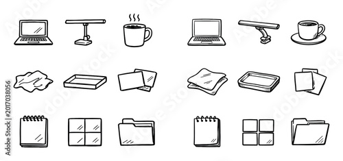 Office and workspace concept icons with laptop, coffee cup and files for infographic design in line art style