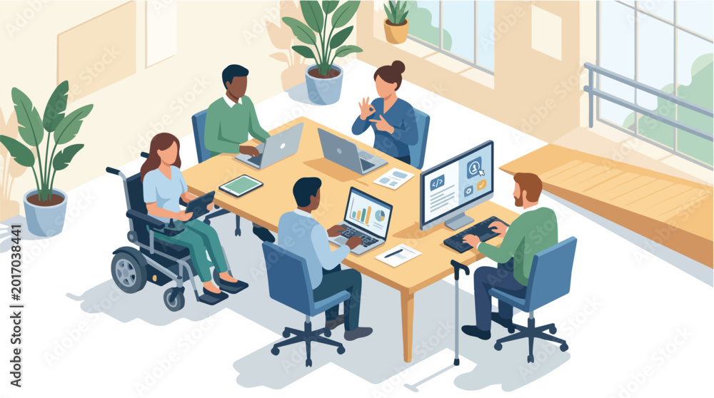 Fototapeta premium Diverse professional team collaborating in a modern inclusive office environment.