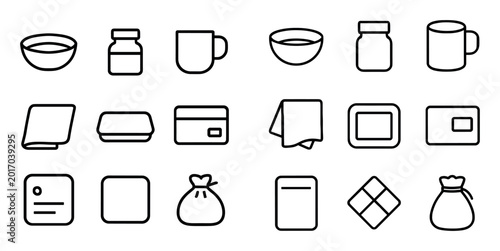 Kitchenware and packaging design icons with bowl, jar and cup for web interface design in minimal outline style