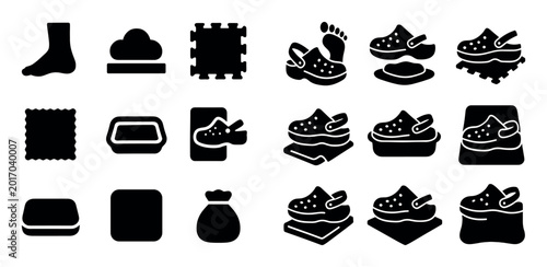 Foot care and footwear vector icons with foot, cushion and clog for mobile app design in solid style