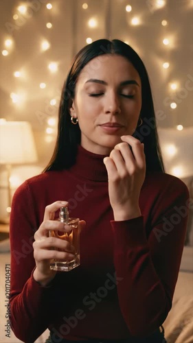 Young woman in a red turtleneck spraying perfume on her wrist in a cozy bedroom with warm bokeh lights