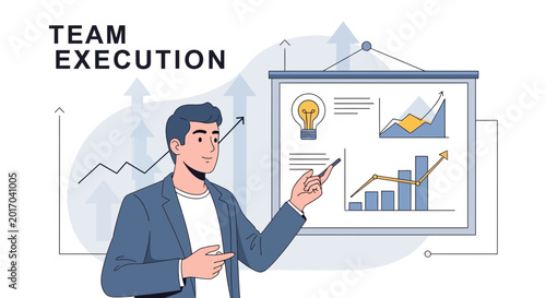 Team Execution Presentation: Businessman Explains Growth Charts and Idea Bulb