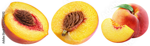Quadro su tela Whole peach with a leaf, a slice of peach, and a halved peach showing the pit, i