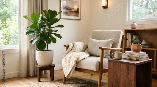 Cozy Living Room Interior with Fiddle Leaf Fig and Armchair