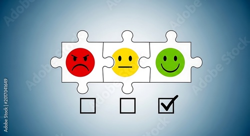 Customer satisfaction survey with rating icons: unhappy, neutral, and happy faces