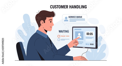 Customer Service Representative Managing Service Queue on Screen