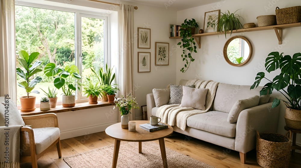 Naklejka premium Cozy living room interior with plants, sofa, and natural light